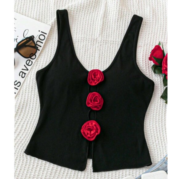 Shein Tops - S300 Black and Red Sleeveless Top / Vest with Red 3-D Flowers 1XL